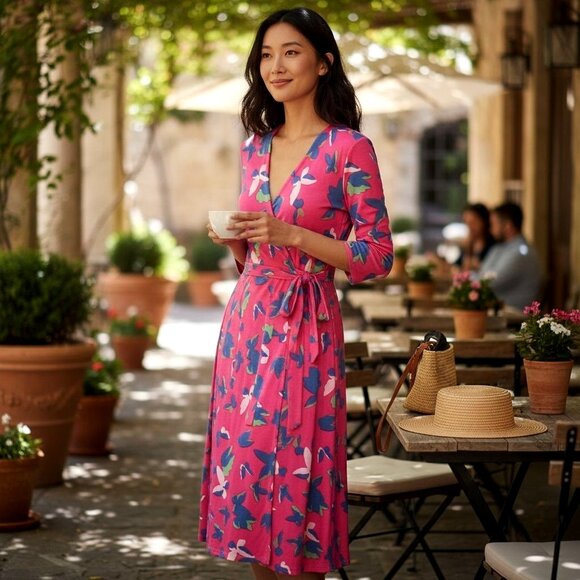 Max Mara Weekend Magenta Butterfly Wrap Dress Womens Size S Pockets V Neck Tie - Picture 1 of 12